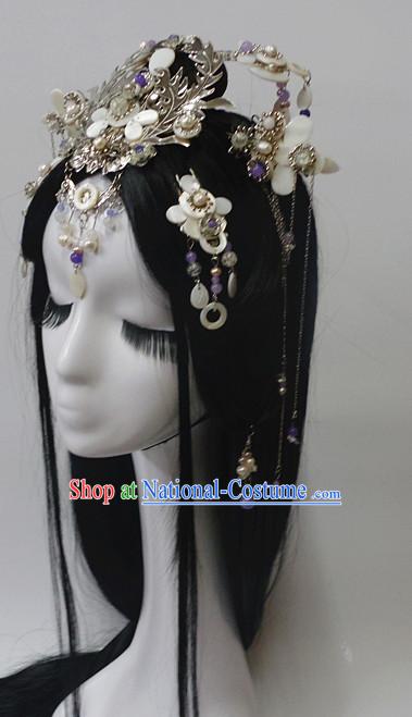 Chinese Classic Princess Fairy Long Black Wigs and Headwear Crowns Hats Headpiece Hair Accessories Jewelry Set