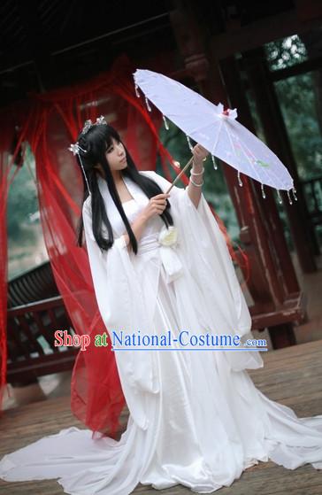 Top White Chinese Fairy Princess Hanfu Costumes Theater and Reenactment Costumes and Headgear Complete Set for Women