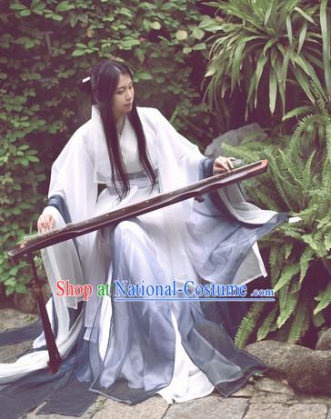 Top White Grey Chinese Fairy Princess Hanfu Costumes Theater and Reenactment Costumes and Headgear Complete Set for Women