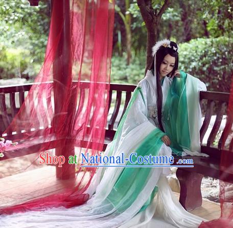 Top White Green Chinese Fairy Princess Hanfu Costumes Theater and Reenactment Costumes and Headgear Complete Set for Women