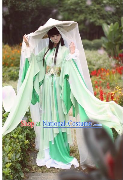 Top Grass Green Chinese Fairy Princess Hanfu Costumes Theater and Reenactment Costumes and Headgear Complete Set for Women