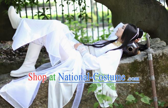 Pure White Chinese Swordsman Hanfu Clothing Theater and Reenactment Costumes Complete Set