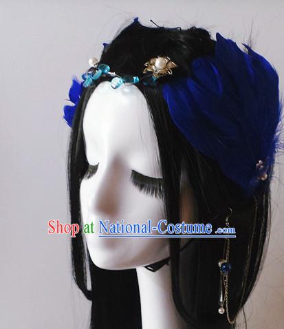 Blue Chinese Classical Feather Hair Headwear Crowns Hats Headpiece Hair Accessories Jewelry Set