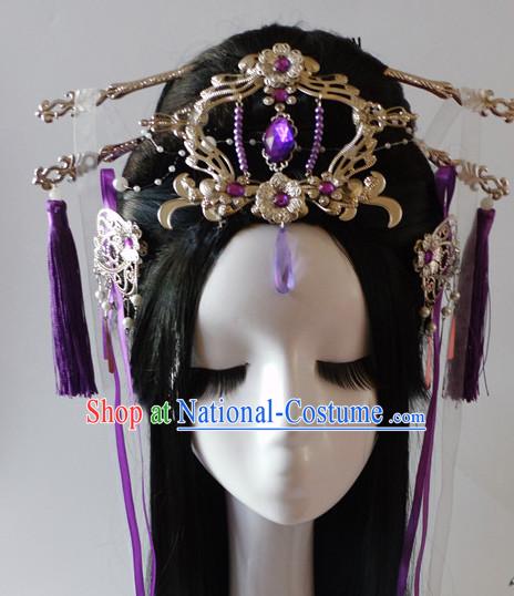 Purple Chinese Classical Fairy Headwear Crowns Hats Headpiece Hair Accessories Jewelry Set