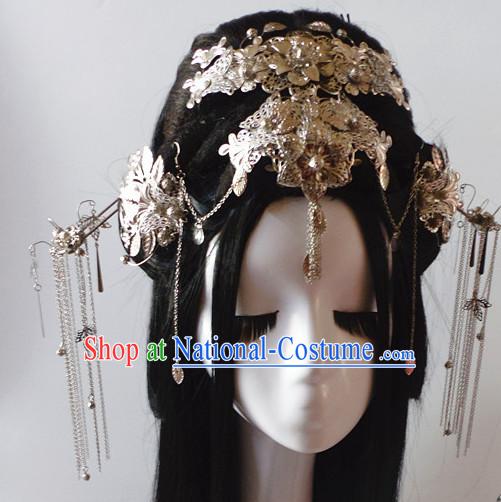 Silver Chinese Classical Fairy Headwear Crowns Hats Headpiece Hair Accessories Jewelry Set