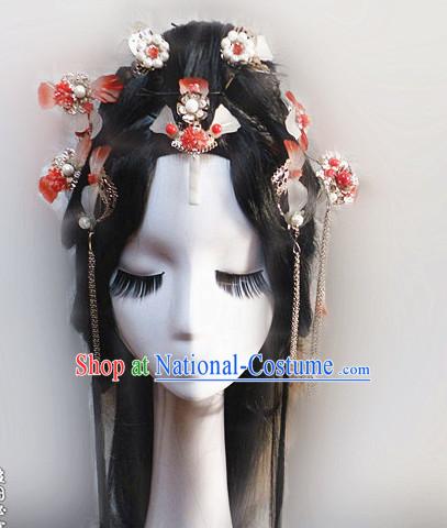 Orange Chinese Classical Fairy Headwear Crowns Hats Headpiece Hair Accessories Jewelry Set