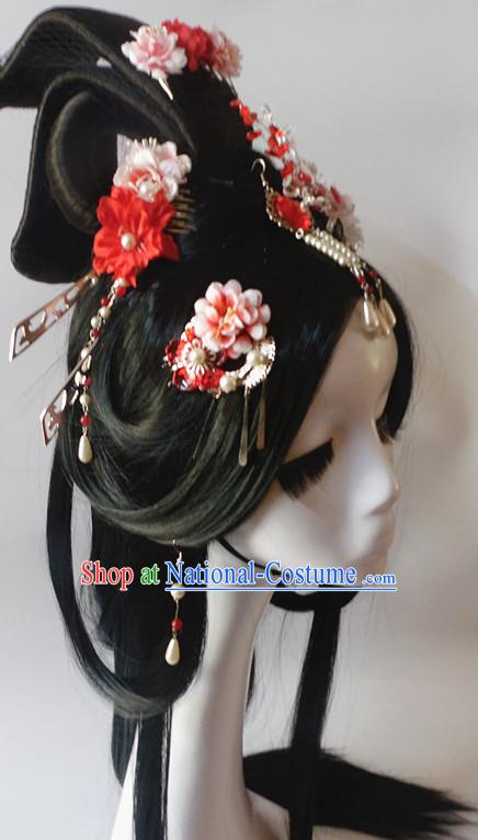 Black Chinese Classical Fairy Long Wigs and Headwear Crowns Hats Headpiece Hair Accessories Jewelry Set