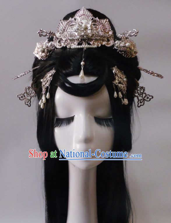 Silver Chinese Classical Fairy Long Wigs and Headwear Crowns Hats Headpiece Hair Accessories Jewelry Set