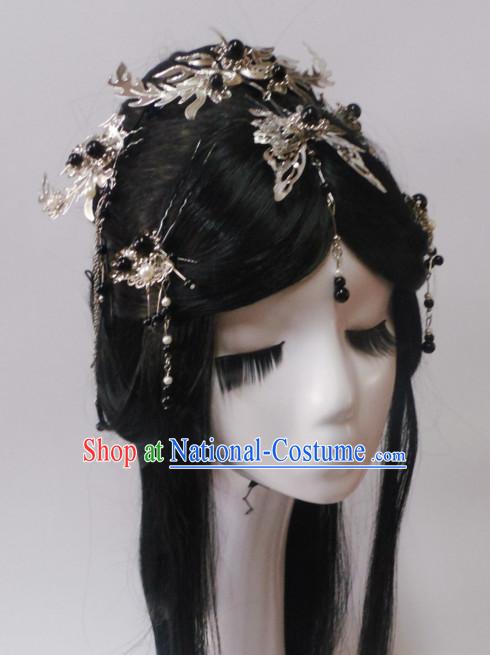 Silver Chinese Classical Fairy Long Wigs and Headwear Crowns Hats Headpiece Hair Accessories Jewelry Set