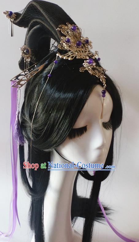 Silver Chinese Classical Fairy Long Wigs and Headwear Crowns Hats Headpiece Hair Accessories Jewelry Set