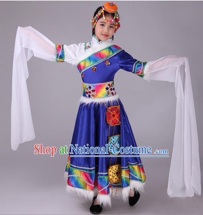 Chinese Tibetan Kids Minority Dance Dress China Fan Dance Costume Ribbon Dance Costumes Folk Dance Suit