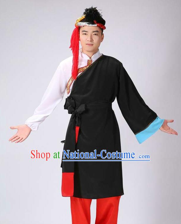 Chinese Tibetan Minority Men Dance Dress China Fan Dance Costume Ribbon Dance Costumes Folk Dance Suit