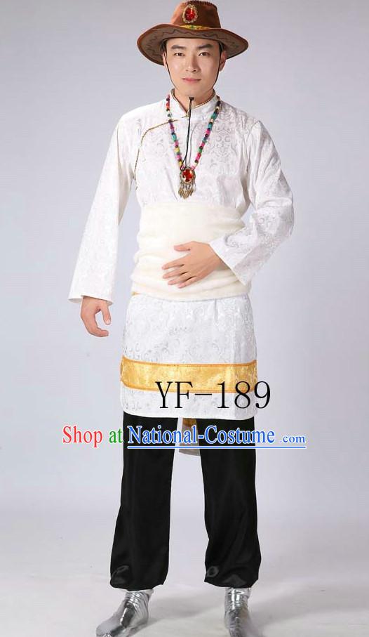 Chinese Tibetan Minority Men Dance Dress China Fan Dance Costume Ribbon Dance Costumes Folk Dance Suit