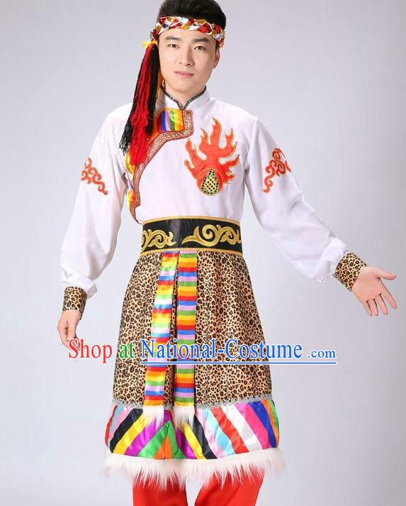 Chinese Tibetan Minority Men Dance Dress China Fan Dance Costume Ribbon Dance Costumes Folk Dance Suit