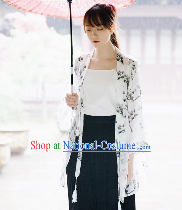 Traditional Japanese Restoring Ancient Kimono Costume Haori Signature Cotton Smock, China Kimono Modified Tassel Michelia Alba Long Cardigan for Women