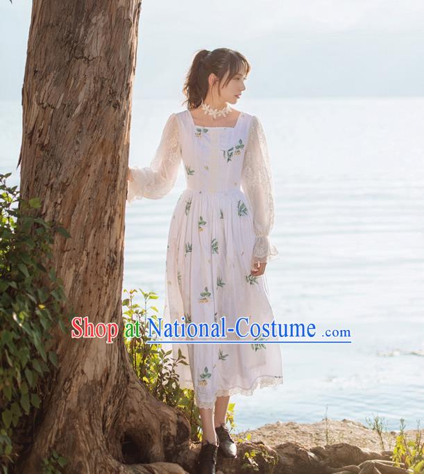 Traditional Classic Elegant Chinese Women Costume One-Piece Dress, Restoring Ancient Princess Cotton Long White Dress for Women