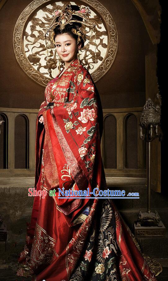 Traditional Chinese Ancient Imperial Emperess Concubine Wedding Costumes, Ancient Chinese Cosplay Queen Princess Costume and Hair Accessories Complete Set for Women