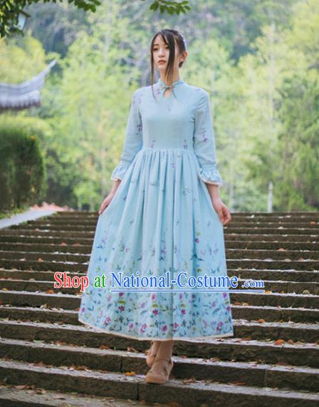 Traditional Classic Chinese Elegant Women Costume One-Piece Dress, Chinese Cheongsam Restoring Ancient Princess Plate Buttons Stand Collar Dress for Women