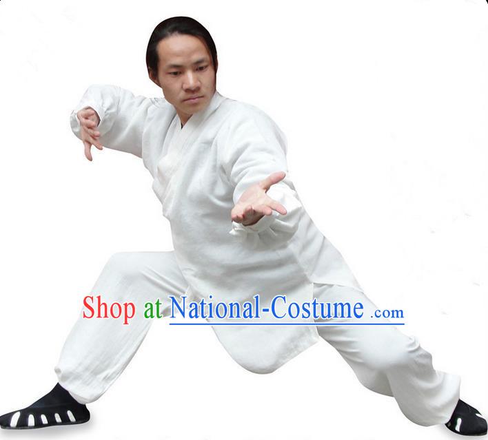 Traditional Chinese Wudang Uniform Taoist Uniform Thicken Linen Slant Opening Priest Frock Kungfu Kung Fu Clothing Clothes Pants Slant Opening Shirt Supplies Wu Gong Outfits, Chinese Tang Suit Wushu Clothing Tai Chi Suits Uniforms for Men