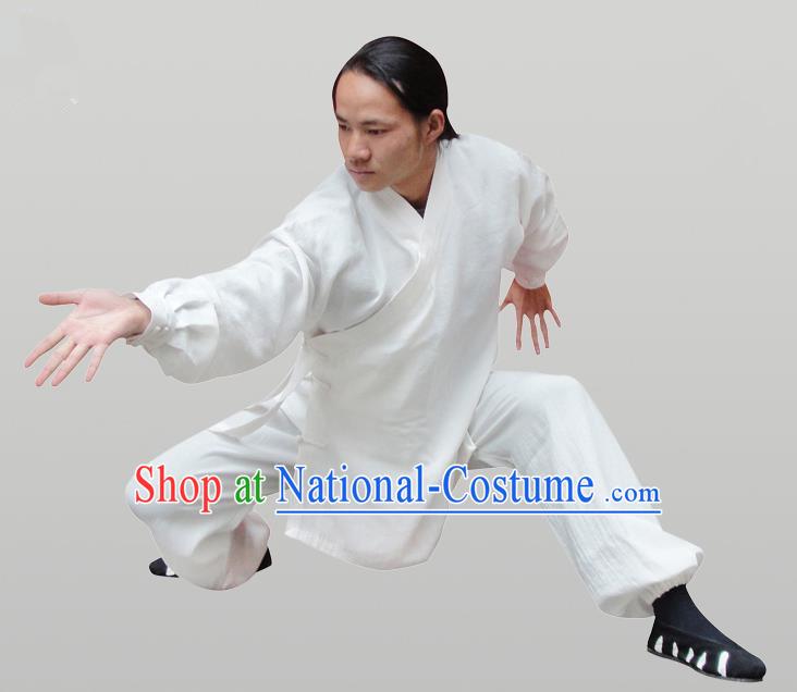 Traditional Chinese Wudang Uniform Taoist Uniform Thicken Linen Slant Opening Priest Frock Complete Set Kungfu Kung Fu Clothing Clothes Pants Slant Opening Shirt Supplies Wu Gong Outfits, Chinese Tang Suit Wushu Clothing Tai Chi Suits Uniforms for Men