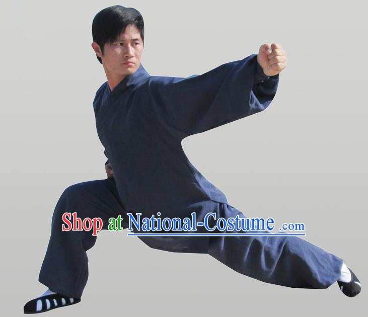 Traditional Chinese Wudang Uniform Taoist Uniform Thicken Linen Slant Opening Priest Frock Complete Set Kungfu Kung Fu Clothing Clothes Pants Slant Opening Shirt Supplies Wu Gong Outfits, Chinese Tang Suit Wushu Clothing Tai Chi Suits Uniforms for Men