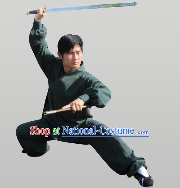 Traditional Chinese Wudang Uniform Taoist Uniform Thicken Linen Slant Opening Priest Frock Complete Set Kungfu Kung Fu Clothing Clothes Pants Slant Opening Shirt Supplies Wu Gong Outfits, Chinese Tang Suit Wushu Clothing Tai Chi Suits Uniforms for Men