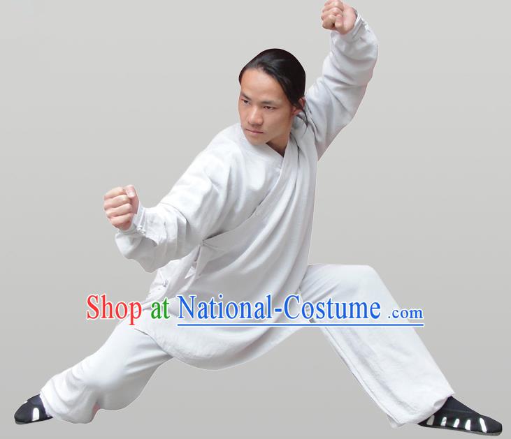 Traditional Chinese Wudang Uniform Taoist Uniform Thicken Linen Slant Opening Priest Frock Complete Set Kungfu Kung Fu Clothing Clothes Pants Slant Opening Shirt Supplies Wu Gong Outfits, Chinese Tang Suit Wushu Clothing Tai Chi Suits Uniforms for Men