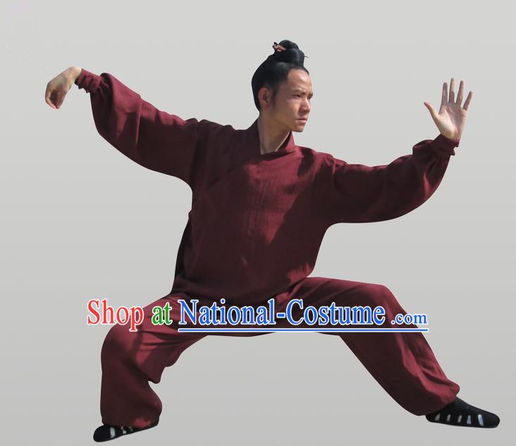 Traditional Chinese Wudang Uniform Taoist Uniform Thicken Linen Slant Opening Priest Frock Complete Set Kungfu Kung Fu Clothing Clothes Pants Slant Opening Shirt Supplies Wu Gong Outfits, Chinese Tang Suit Wushu Clothing Tai Chi Suits Uniforms for Men