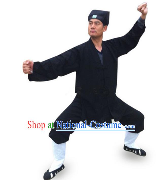 Traditional Chinese Wudang Uniform Taoist Uniform Linen Slant Opening Priest Frock Complete Set Kungfu Kung Fu Clothing Clothes Pants Slant Opening Shirt Supplies Wu Gong Outfits, Chinese Tang Suit Wushu Clothing Tai Chi Suits Uniforms for Men