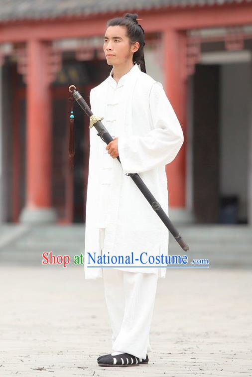 Traditional Chinese Wudang Uniform Taoist Uniform Linen Slant Opening Priest Frock Complete Set Kungfu Kung Fu Clothing Clothes Pants Slant Opening Shirt Supplies Wu Gong Outfits, Chinese Tang Suit Wushu Clothing Tai Chi Suits Uniforms for Men