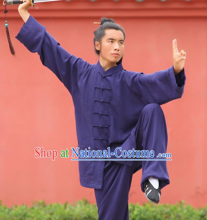 Traditional Chinese Wudang Uniform Taoist Uniform Linen Priest Frock Complete Set Kungfu Kung Fu Clothing Clothes Pants Slant Opening Shirt Supplies Wu Gong Outfits, Chinese Tang Suit Wushu Clothing Tai Chi Suits Uniforms for Men