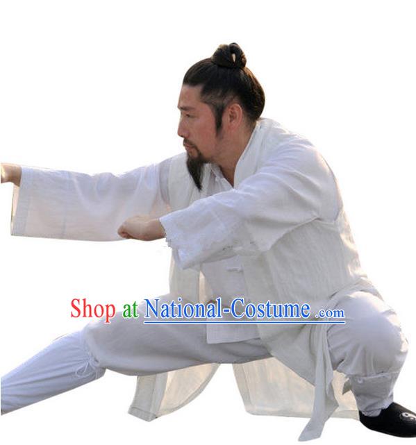 Traditional Chinese Wudang Uniform Taoist Uniform Linen Priest Frock Complete Set Kungfu Kung Fu Long Robe Clothing Clothes Pants Slant Opening Shirt Supplies Wu Gong Outfits, Chinese Tang Suit Wushu Clothing Tai Chi Suits Uniforms for Men