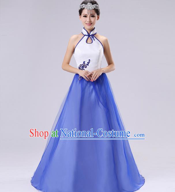 Traditional Chinese Classical Blue and White Porcelain Modern Dance Cheongsam Dress, Yangge Fan Dancing Costume Chorus Suits, Folk Dance Yangko Costume for Women