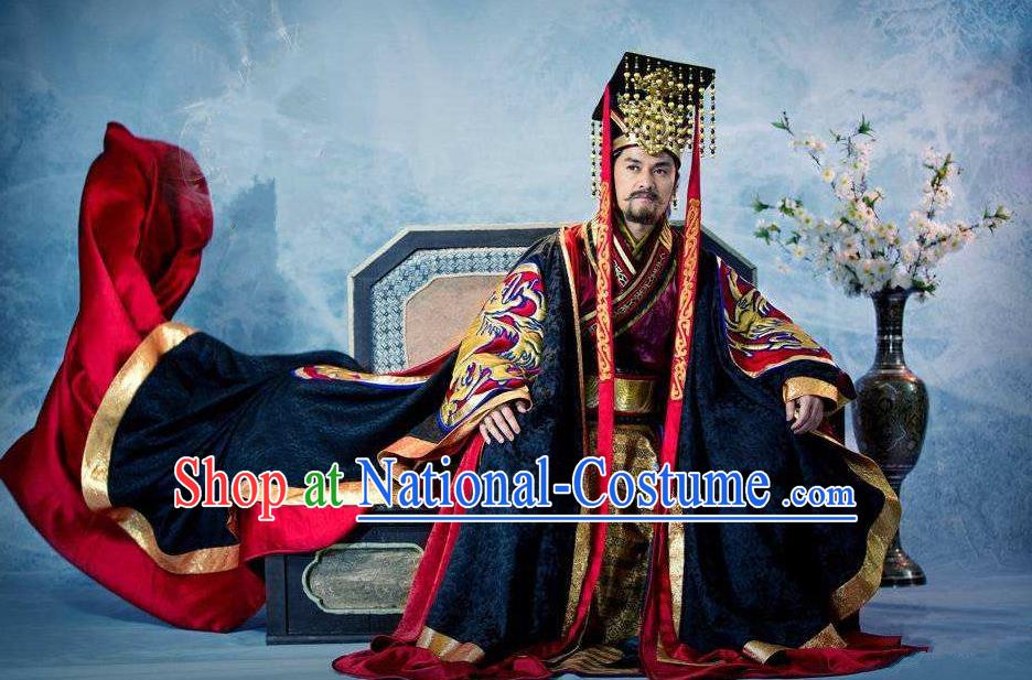 Traditional Chinese Ancient Dragon Emperor Men King Costumes, Chinese Emperor Clothes and Hat Complete Set for Men