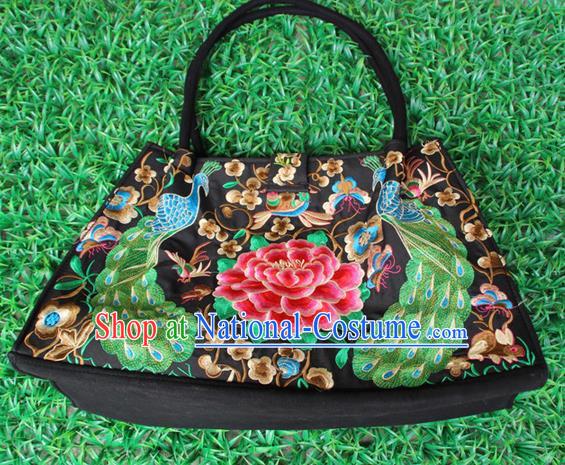 Traditional Chinese Miao Nationality Palace Handmade Double-Sided Embroidery Peacock Peony Handbag Hmong Handmade Embroidery Bags for Women