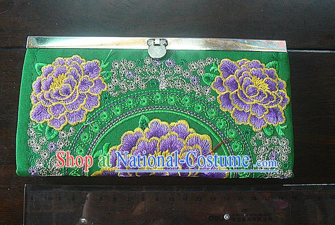 Traditional Chinese Miao Nationality Palace Handmade Double-Sided Embroidery Peony Handbag Wallet Hmong Handmade Embroidery Purse for Women