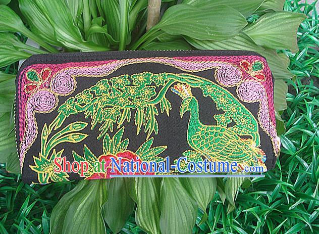 Traditional Chinese Miao Nationality Palace Handmade Double-Sided Embroidery Peacock Handbag Wallet Hmong Handmade Embroidery Purse for Women