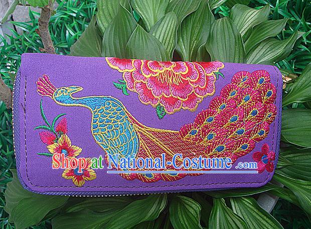 Traditional Chinese Miao Nationality Palace Handmade Double-Sided Embroidery Peacock Handbag Wallet Hmong Handmade Embroidery Purse for Women