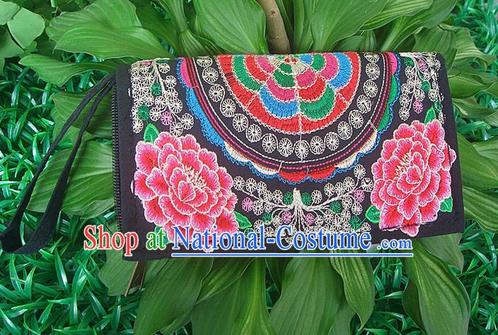 Traditional Chinese Miao Nationality Palace Handmade Double-Sided Embroidery Peony Handbag Wallet Hmong Handmade Embroidery Purse for Women