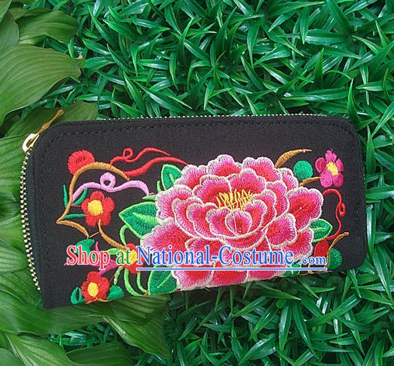 Traditional Chinese Miao Nationality Palace Handmade Double-Sided Embroidery Peony Handbag Wallet Hmong Handmade Embroidery Purse for Women