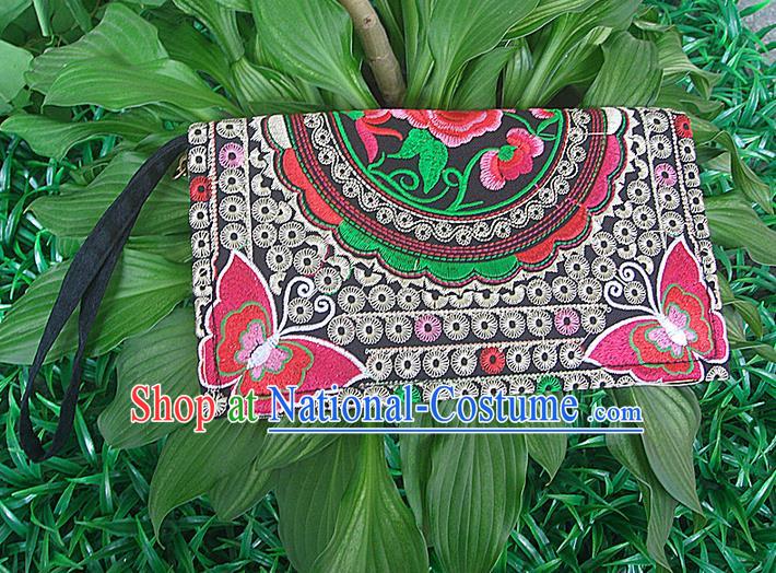 Traditional Chinese Miao Nationality Palace Handmade Double-Sided Embroidery Peony Handbag Wallet Hmong Handmade Embroidery Purse for Women