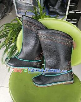 Traditional Chinese Minority Mongol Nationality Ethnic Minorities Mongolian Dance Cowhide Boots, Mongolian Knee Boots Handmade Jockey Boots Tanks Boots for Men