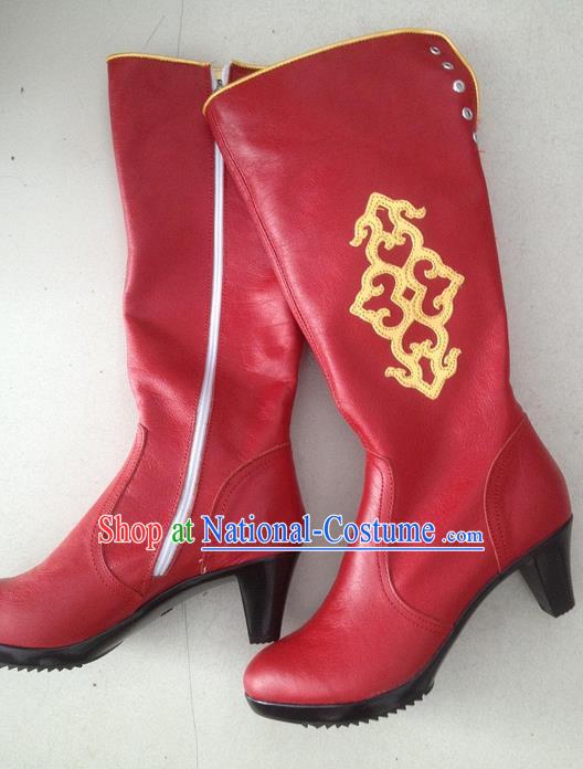 Traditional Chinese Minority Mongol Nationality Ethnic Minorities Mongolian Dance Cowhide Boots Mongolian Knee Boots Jockey Boots Tanks Boots for Women