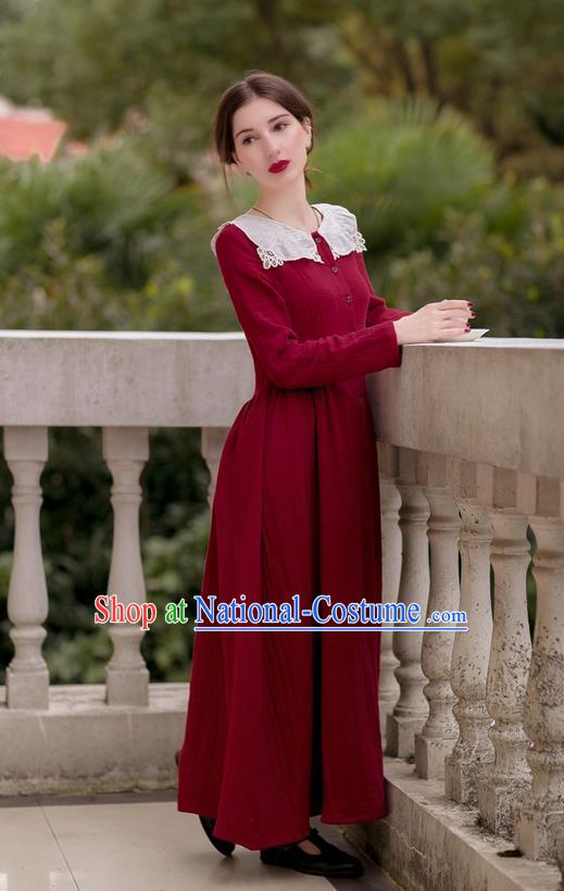 Traditional Classic Women Clothing, Traditional Classic European Manor Literary Yarn Embroidered Collar Dress, Palace Princess Restoring Long Skirt