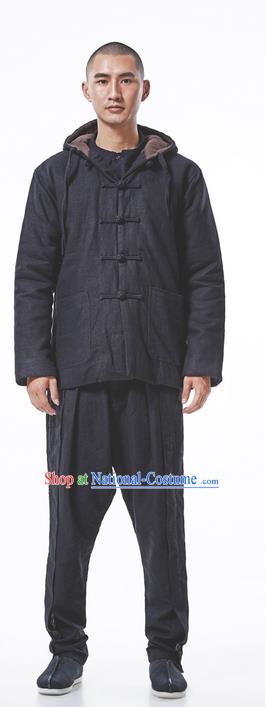 Chinese Hooded Cotton Linen Double-Breasted Tang Suit Plate Buttons Costumes, Chinese Style Ancient Thick Cotton-Padded Jacket Hanfu Male Winter Coat