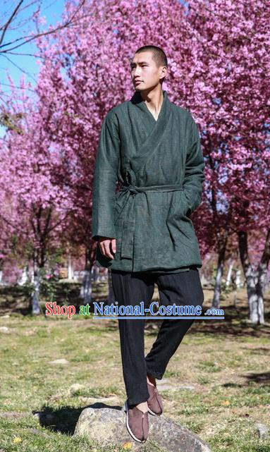 Traditional Chinese Hooded Cotton Linen Double-Breasted Men Tang Suit Plate Buttons Costumes, Chinese Style Ancient Thick Cotton Wadded Robe Hanfu Male Winter Long Coat