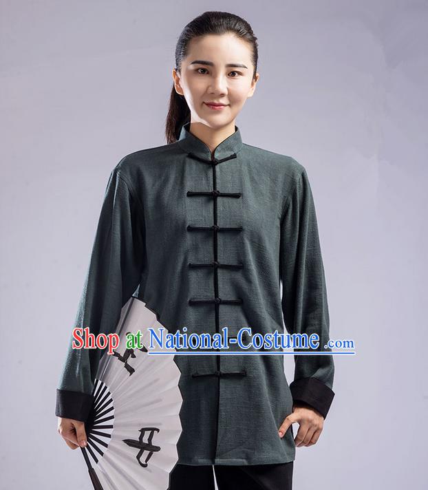 Traditional Chinese Top Thicken Linen Kung Fu Costume Martial Arts Kung Fu Training Uniform Tang Suit Gongfu Shaolin Wushu Clothing Tai Chi Taiji Teacher Suits Uniforms for Women