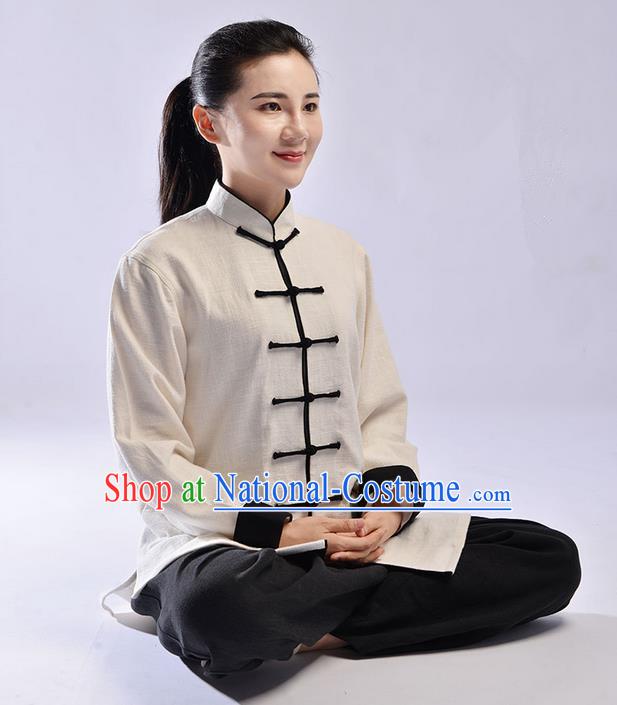 Traditional Chinese Top Thicken Linen Kung Fu Costume Martial Arts Kung Fu Training Uniform Tang Suit Gongfu Shaolin Wushu Clothing Tai Chi Taiji Teacher Suits Uniforms for Women