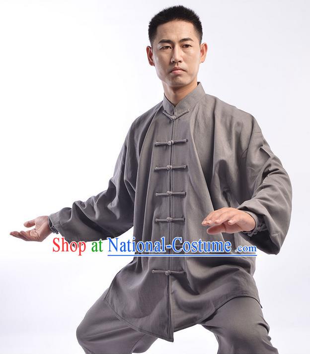 Top Chinese Traditional Natural Linen Kung Fu Costume Martial Arts Kung Fu Training Uniform Gongfu Shaolin Wushu Clothing Tai Chi Taiji Teacher Suits Uniforms for Men