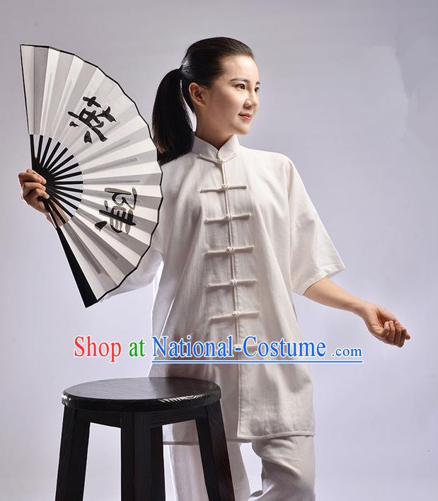 Traditional Chinese Linen Kung Fu Short Sleeve Costume Martial Arts Kung Fu Training Uniform Tang Suit Gongfu Shaolin Wushu Clothing Tai Chi Taiji Teacher Suits Uniforms for Women